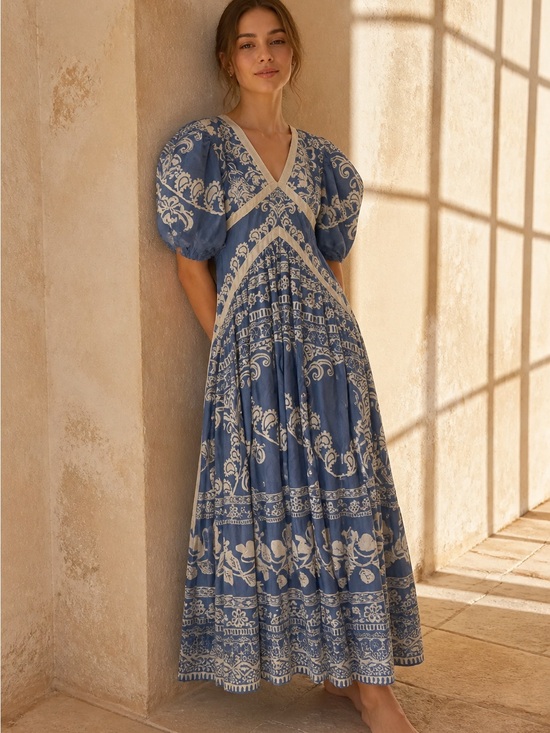 FARM Rio Dresses & Skirts - Farm Rio Blue and White Floral Midi Dress - Classic Feminine Style